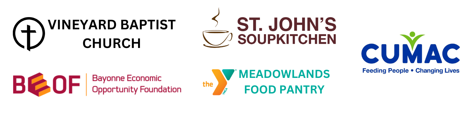 Logos for Vineyard Baptist Church, St John's SoupKitchen, Meadowlands Food Pantry, CUMAC, Bayonne Economic Opportunity Foundation